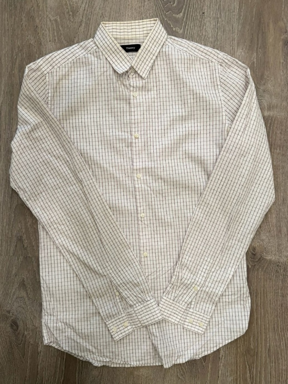 Theory Slim Fit White & Burgundy Micro Grid Check Dress Shirt 15.5 / L